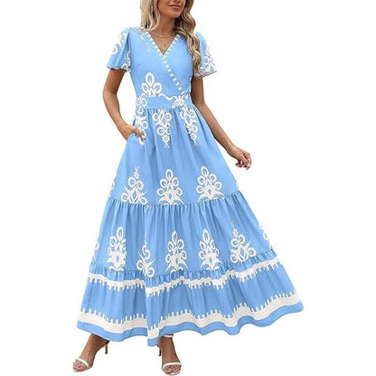 V-neck Flared Sleeve Floral Print Dress