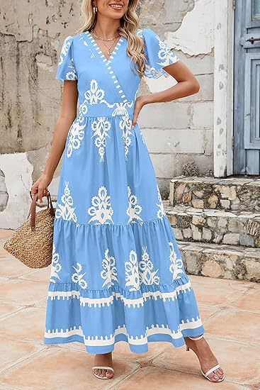 V-neck Flared Sleeve Floral Print Dress