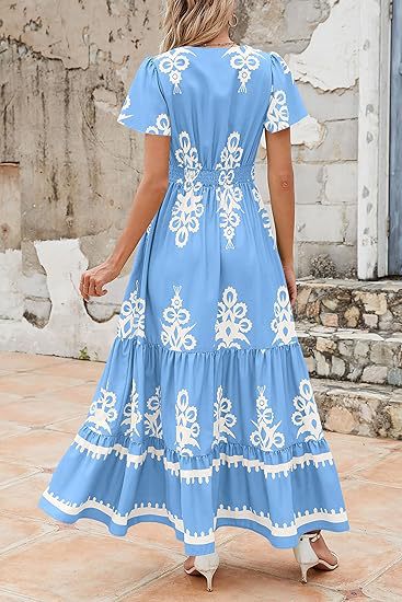 V-neck Flared Sleeve Floral Print Dress
