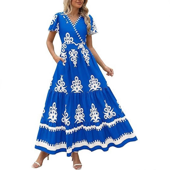 V-neck Flared Sleeve Floral Print Dress