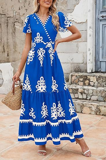 V-neck Flared Sleeve Floral Print Dress