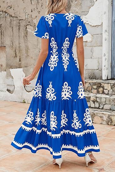 V-neck Flared Sleeve Floral Print Dress