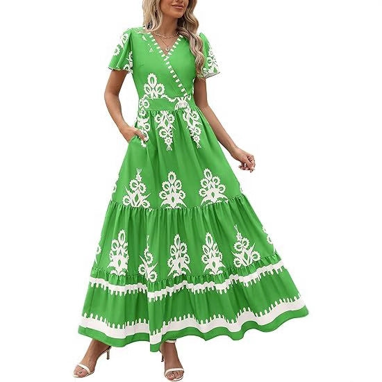 V-neck Flared Sleeve Floral Print Dress