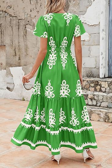 V-neck Flared Sleeve Floral Print Dress