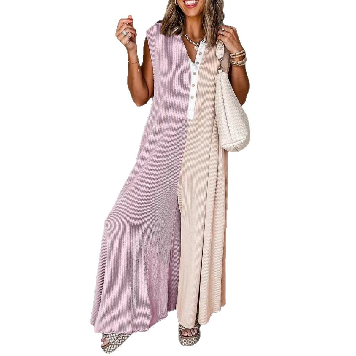 Casual Loose Color-blocked Sleeveless Jumpsuit