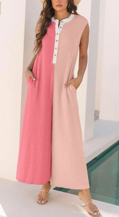 Casual Loose Color-blocked Sleeveless Jumpsuit