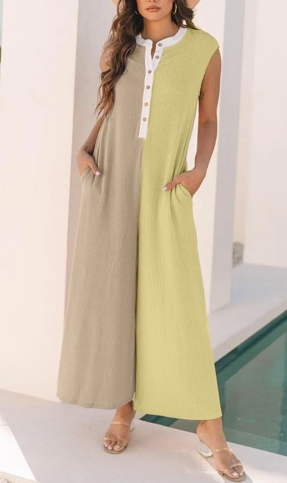 Casual Loose Color-blocked Sleeveless Jumpsuit