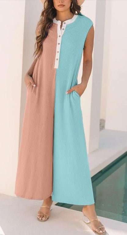 Casual Loose Color-blocked Sleeveless Jumpsuit