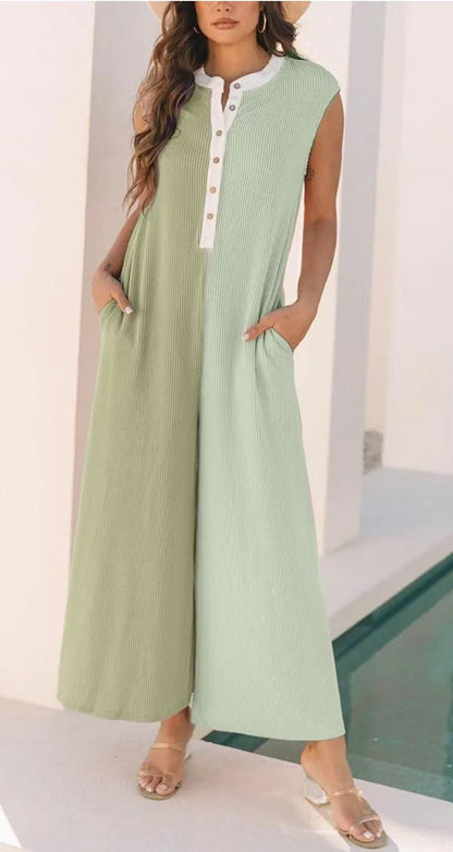 Casual Loose Color-blocked Sleeveless Jumpsuit