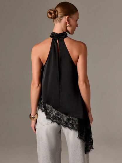 Sleeveless lace-trimmed asymmetrical halter-neck satin vest