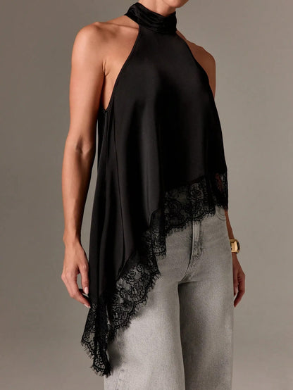 Sleeveless lace-trimmed asymmetrical halter-neck satin vest