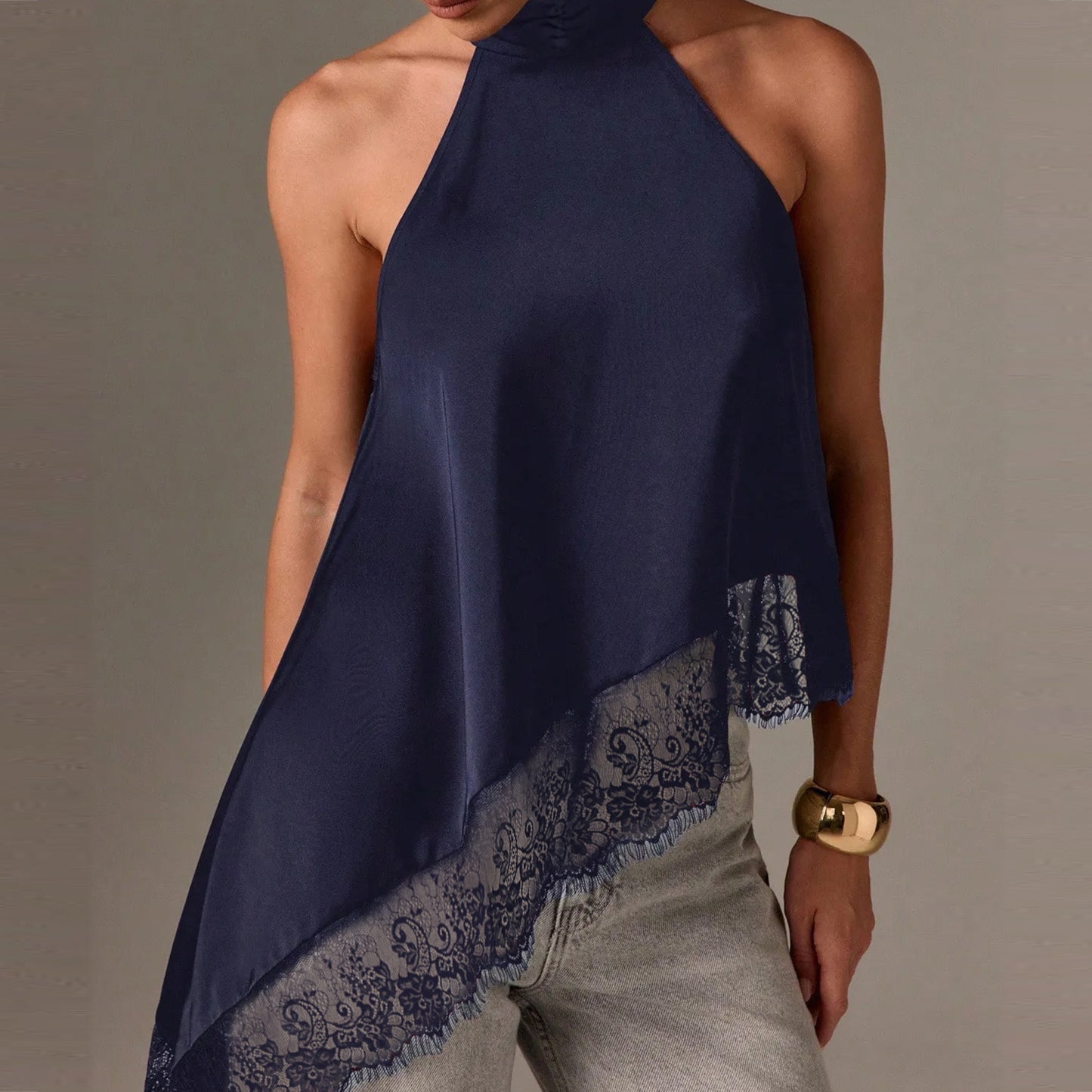Sleeveless lace-trimmed asymmetrical halter-neck satin vest