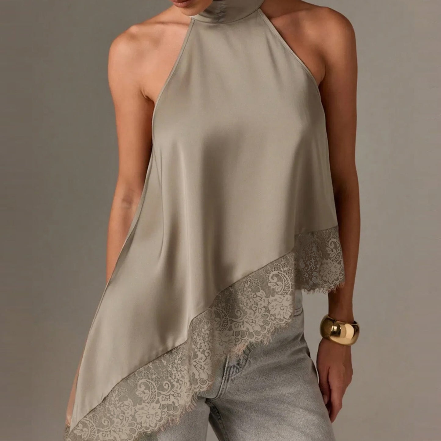 Sleeveless lace-trimmed asymmetrical halter-neck satin vest