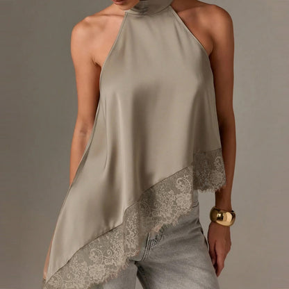 Sleeveless lace-trimmed asymmetrical halter-neck satin vest