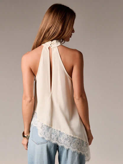 Sleeveless lace-trimmed asymmetrical halter-neck satin vest