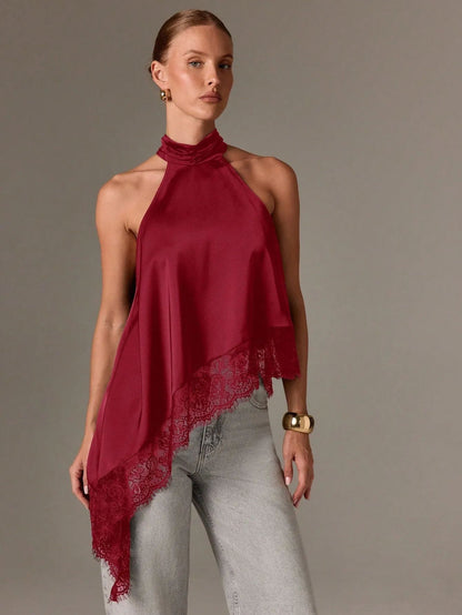 Sleeveless lace-trimmed asymmetrical halter-neck satin vest