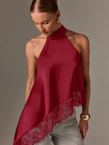 Sleeveless lace-trimmed asymmetrical halter-neck satin vest