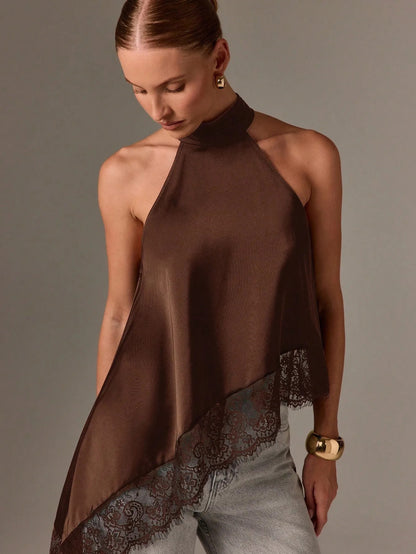 Sleeveless lace-trimmed asymmetrical halter-neck satin vest