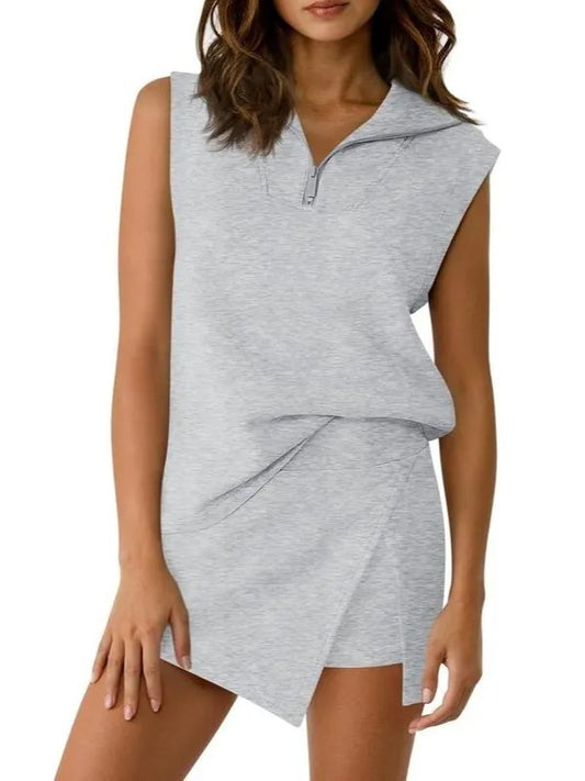 Zippered sleeveless skirt and pants two-piece set