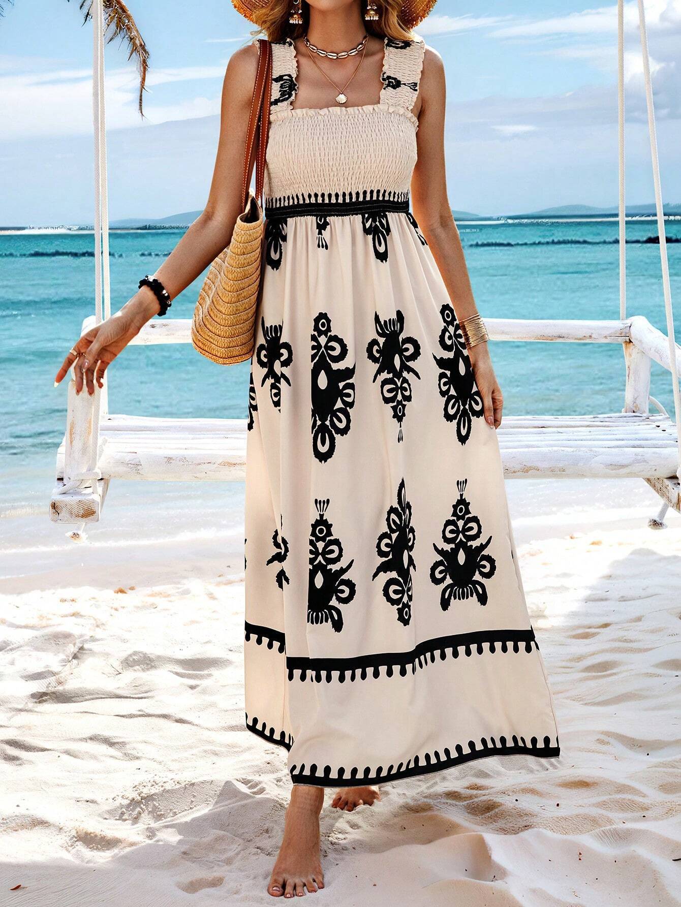 Sleeveless Square Neck Floral Aline Smocked Dresses with Pockets