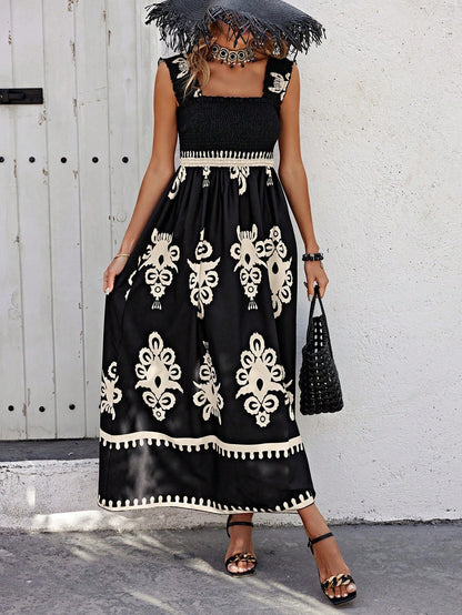 Sleeveless Square Neck Floral Aline Smocked Dresses with Pockets