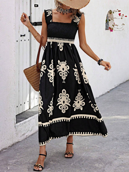 Sleeveless Square Neck Floral Aline Smocked Dresses with Pockets