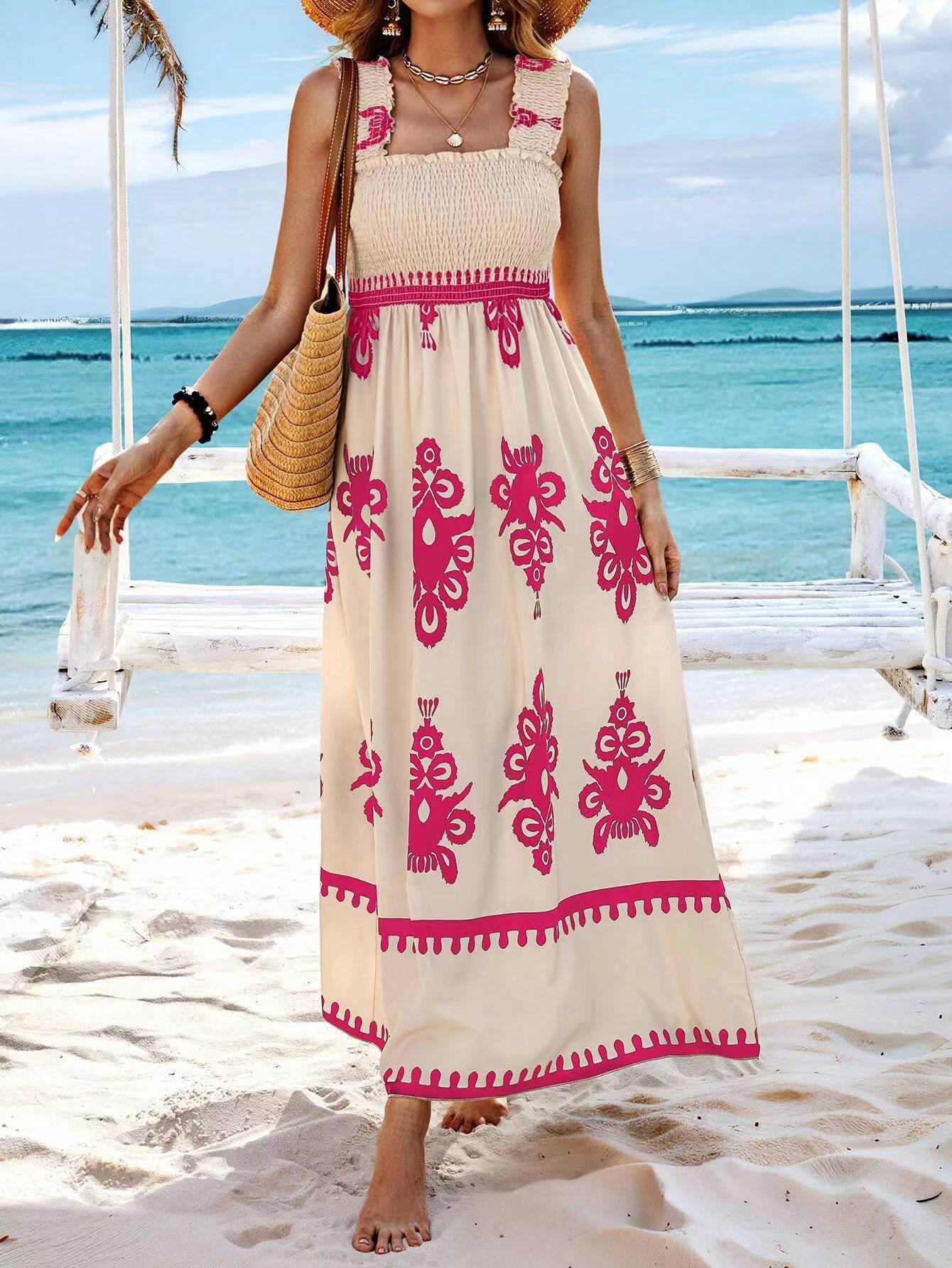 Sleeveless Square Neck Floral Aline Smocked Dresses with Pockets