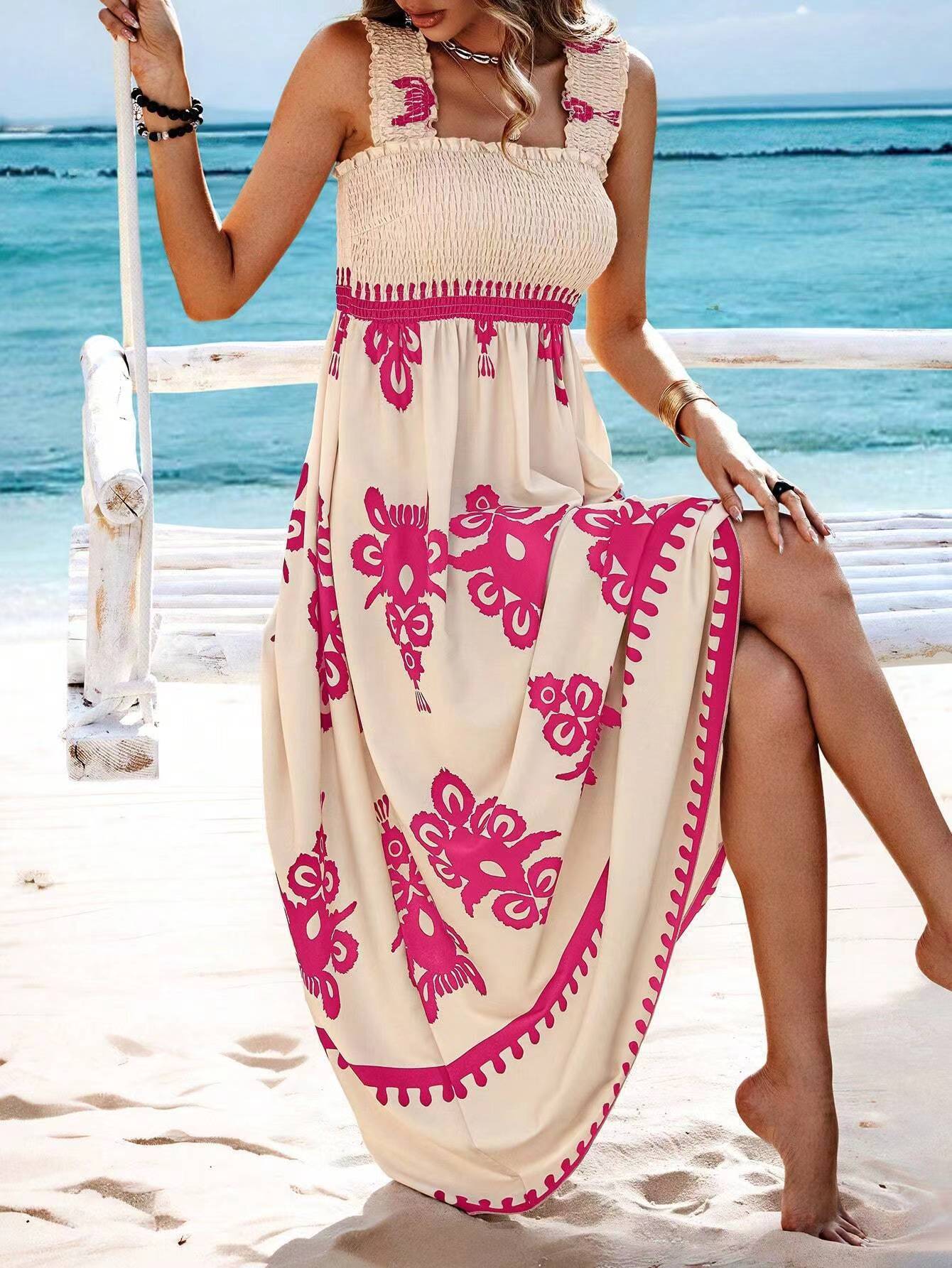 Sleeveless Square Neck Floral Aline Smocked Dresses with Pockets