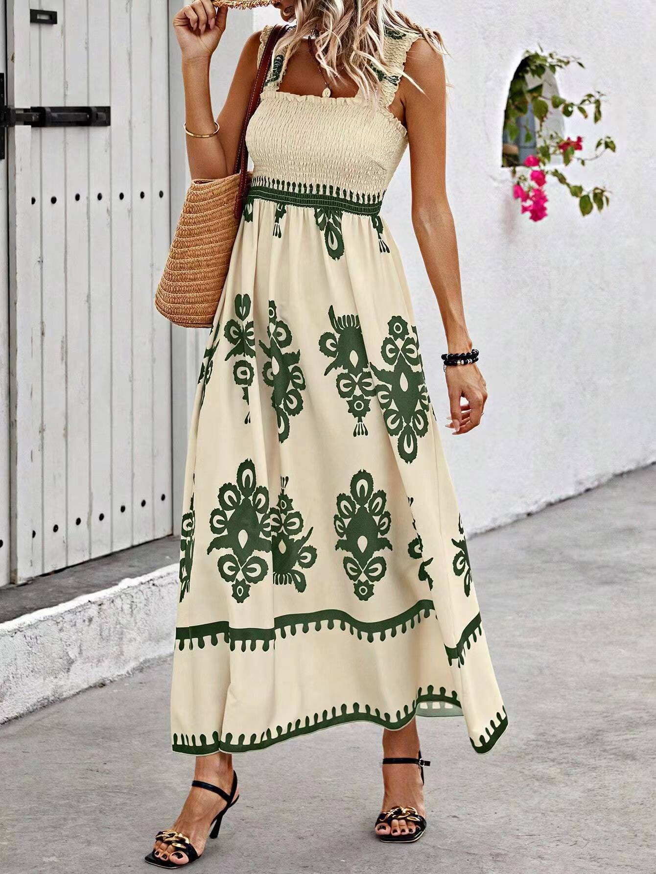 Sleeveless Square Neck Floral Aline Smocked Dresses with Pockets
