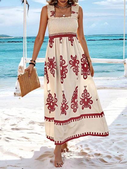 Sleeveless Square Neck Floral Aline Smocked Dresses with Pockets