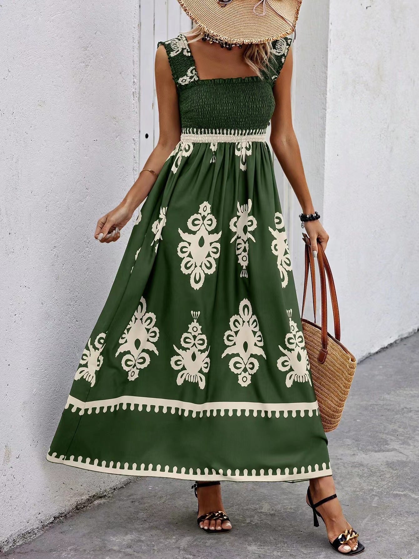 Sleeveless Square Neck Floral Aline Smocked Dresses with Pockets