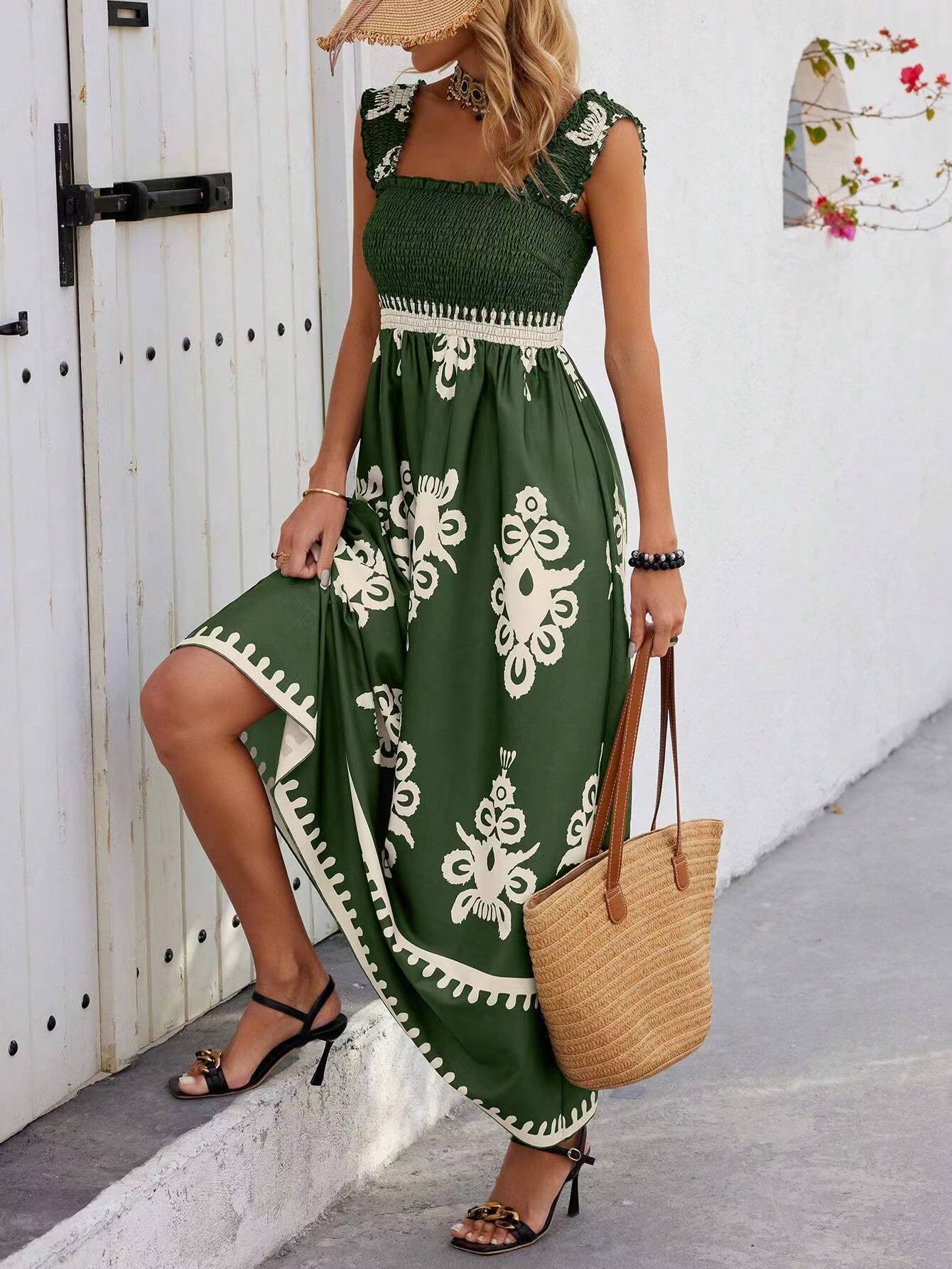Sleeveless Square Neck Floral Aline Smocked Dresses with Pockets