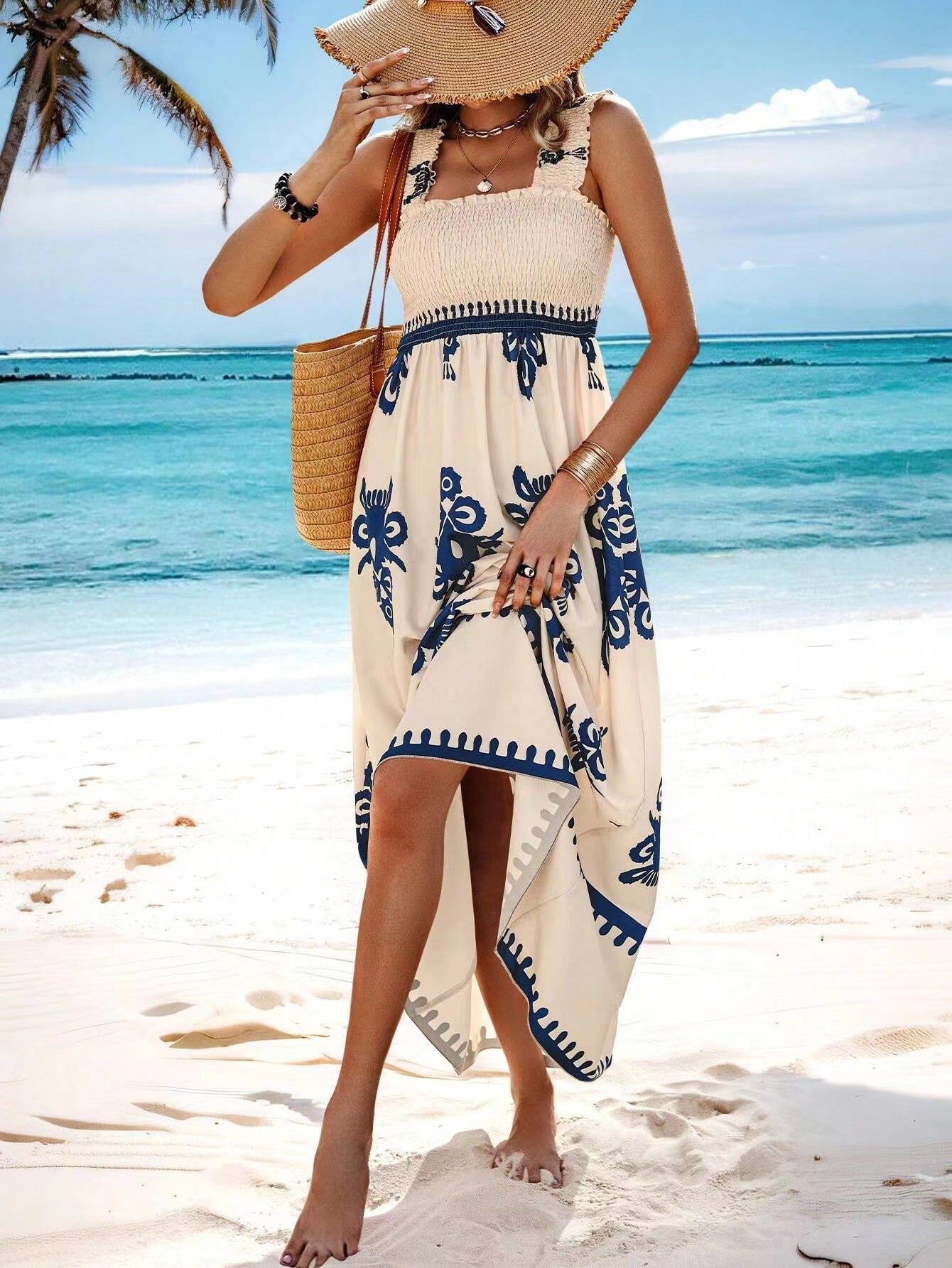 Sleeveless Square Neck Floral Aline Smocked Dresses with Pockets