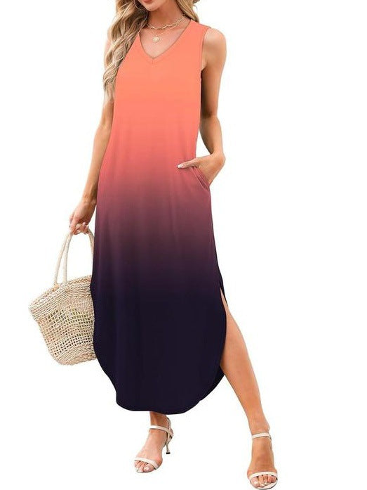 Boho Print V Neck Split Tank Long Dress with Pockets