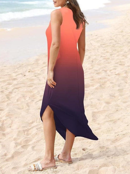 Boho Print V Neck Split Tank Long Dress with Pockets