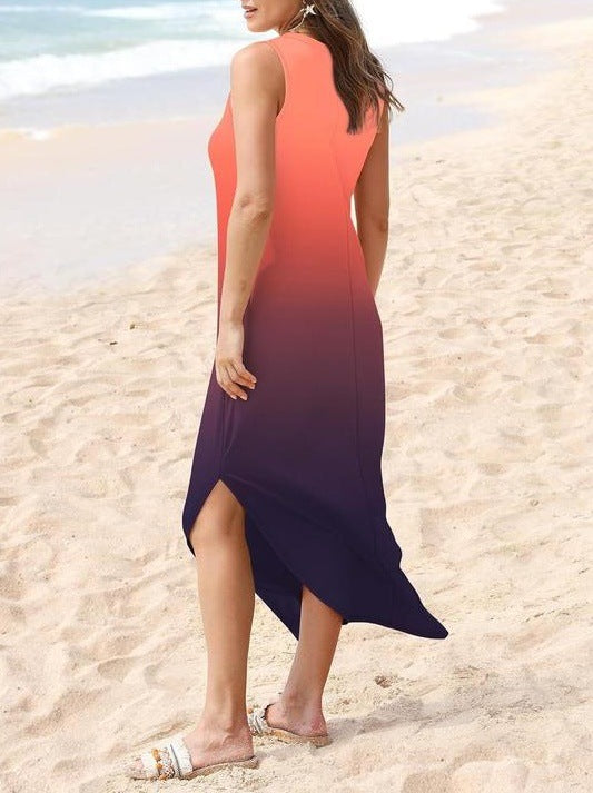 Boho Print V Neck Split Tank Long Dress with Pockets