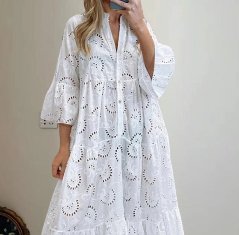 Solid color openwork loose casual dress