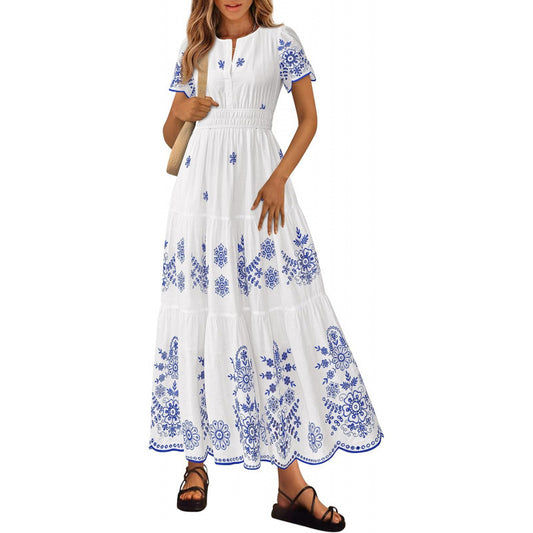 Floral Short Sleeve V Neck Maxi Elastic Waist Dress