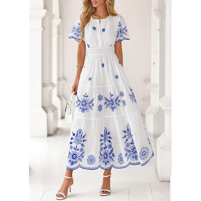 Floral Short Sleeve V Neck Maxi Elastic Waist Dress