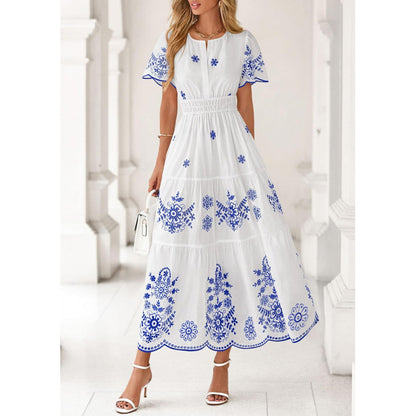 Floral Short Sleeve V Neck Maxi Elastic Waist Dress