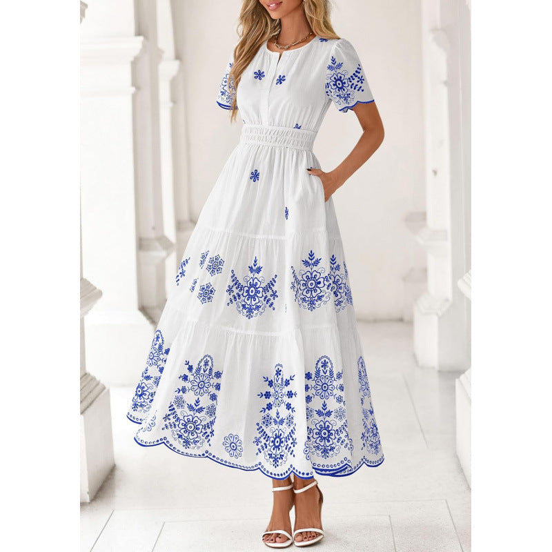 Floral Short Sleeve V Neck Maxi Elastic Waist Dress