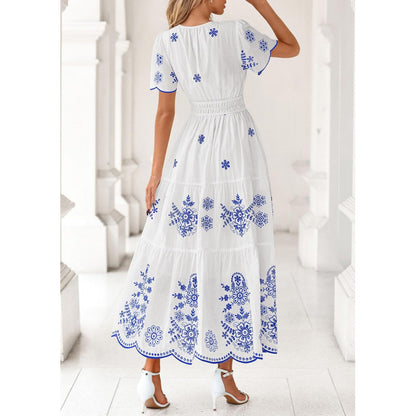 Floral Short Sleeve V Neck Maxi Elastic Waist Dress
