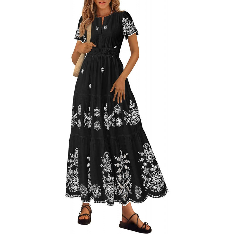 Floral Short Sleeve V Neck Maxi Elastic Waist Dress