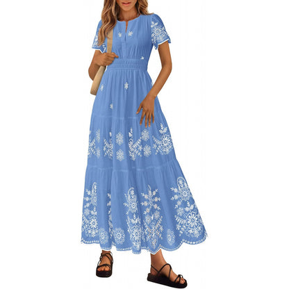 Floral Short Sleeve V Neck Maxi Elastic Waist Dress