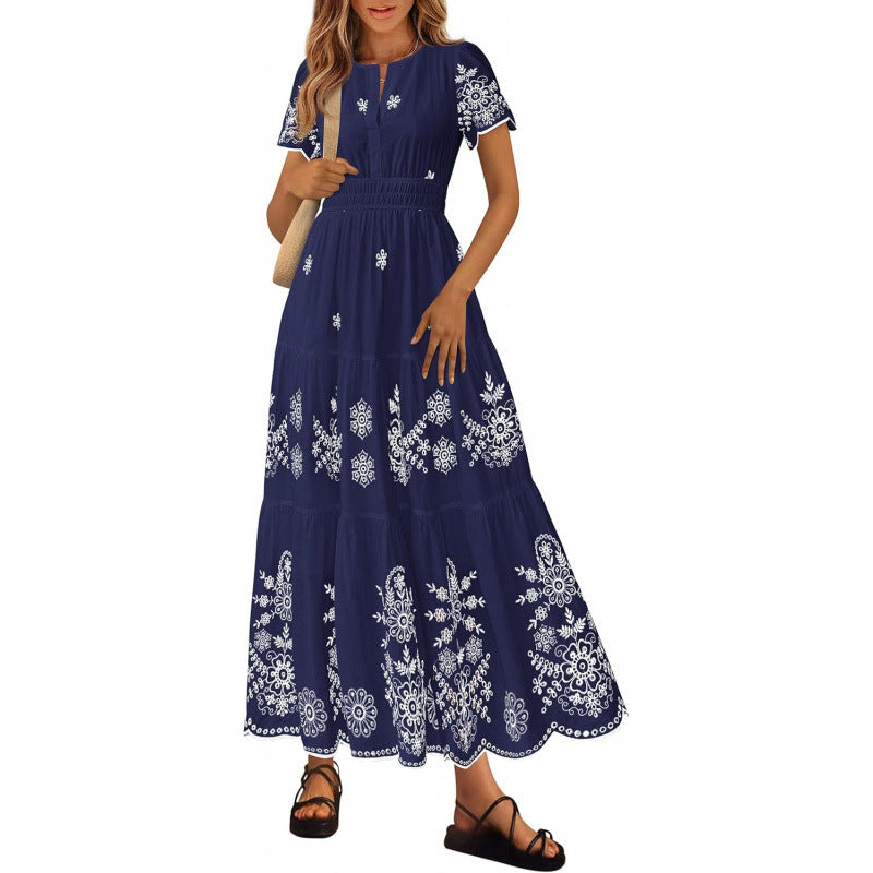 Floral Short Sleeve V Neck Maxi Elastic Waist Dress