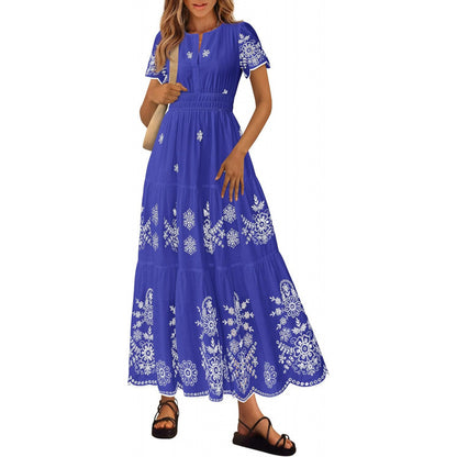Floral Short Sleeve V Neck Maxi Elastic Waist Dress