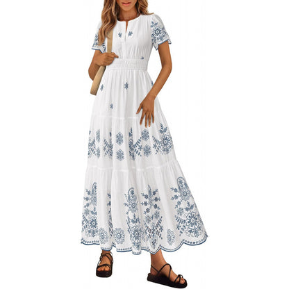 Floral Short Sleeve V Neck Maxi Elastic Waist Dress