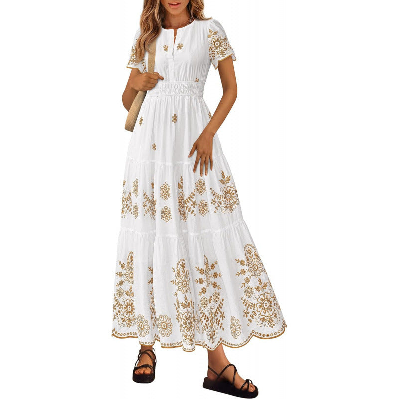 Floral Short Sleeve V Neck Maxi Elastic Waist Dress