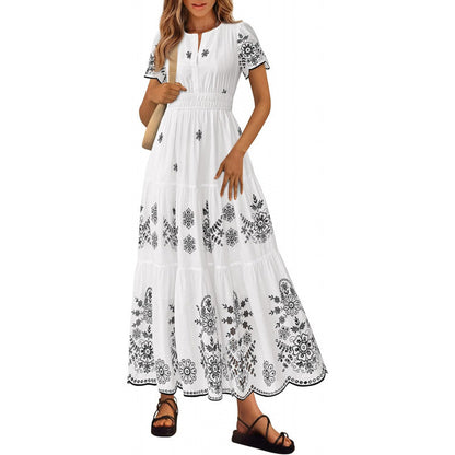 Floral Short Sleeve V Neck Maxi Elastic Waist Dress