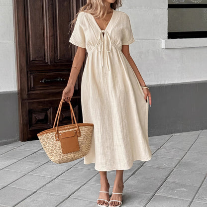 Solid Color V-Neck Cotton Dress